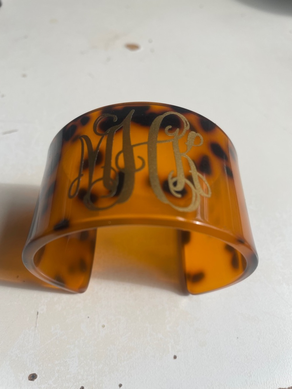 Tortoiseshell Acrylic Cuff Bracelet with Gold Monogram - Picture 1 of 3